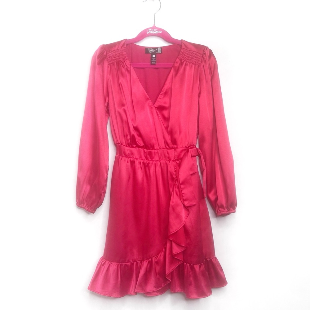 Aqua Big Kid Girls Satin Ruffle Faux Wrap Dress Size 7/8 Pink